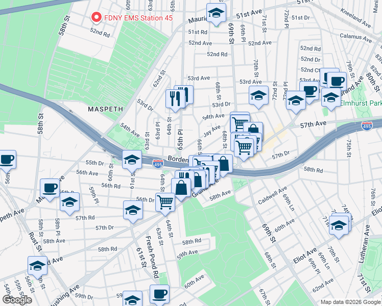 map of restaurants, bars, coffee shops, grocery stores, and more near 55-36 66th Street in Queens