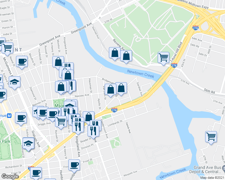 map of restaurants, bars, coffee shops, grocery stores, and more near 345A Nassau Avenue in Brooklyn