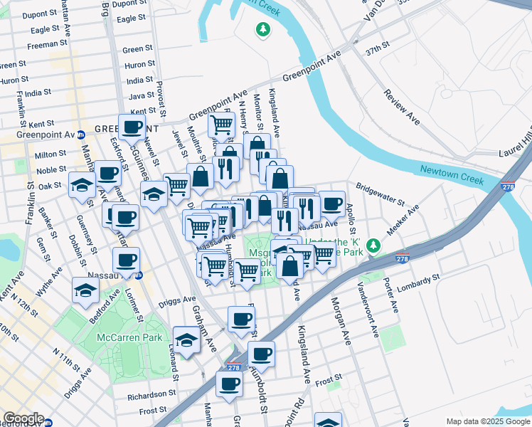 map of restaurants, bars, coffee shops, grocery stores, and more near 202 Monitor Street in Brooklyn