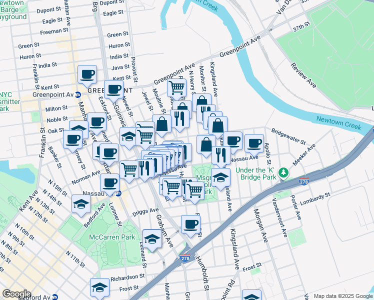 map of restaurants, bars, coffee shops, grocery stores, and more near 720 Humboldt Street in Brooklyn
