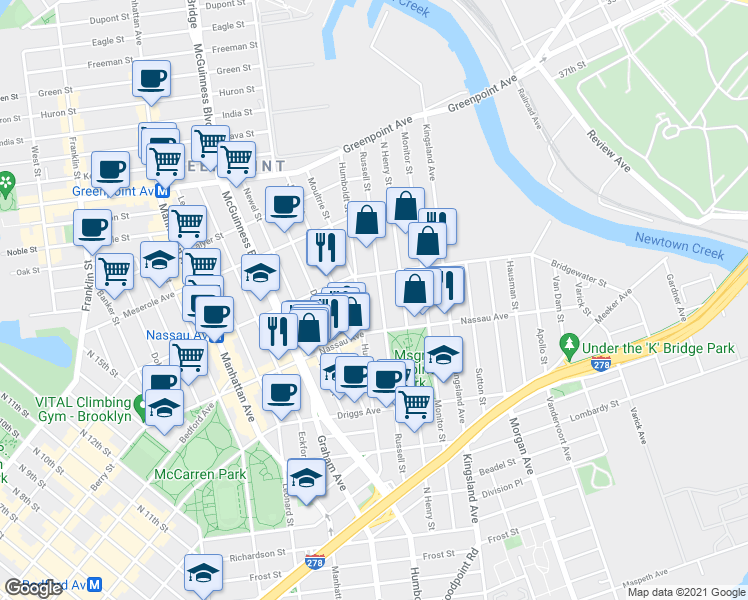 map of restaurants, bars, coffee shops, grocery stores, and more near 720 Humboldt Street in Brooklyn