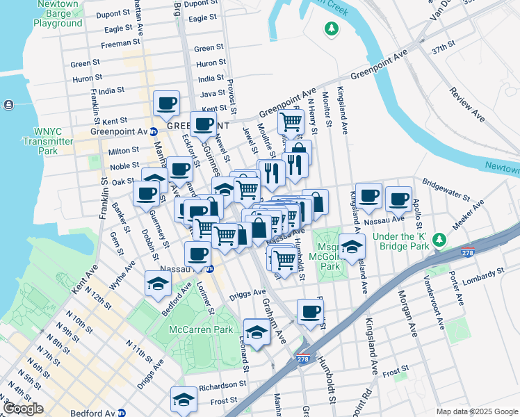 map of restaurants, bars, coffee shops, grocery stores, and more near 108A Diamond Street in Brooklyn
