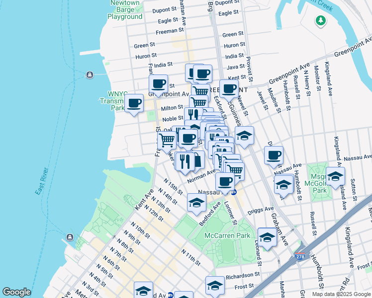 map of restaurants, bars, coffee shops, grocery stores, and more near 73 Meserole Avenue in Brooklyn