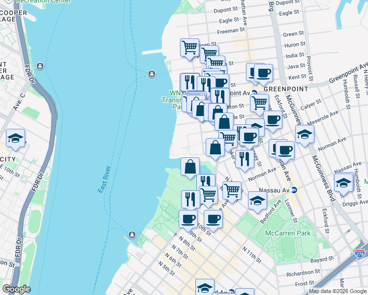 map of restaurants, bars, coffee shops, grocery stores, and more near 26 Oak Street in Brooklyn