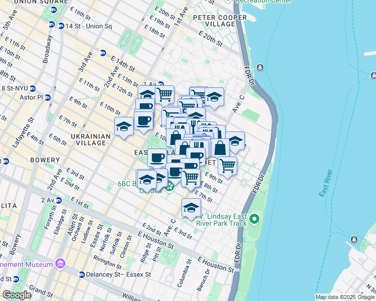 map of restaurants, bars, coffee shops, grocery stores, and more near 375 East 10th Street in New York
