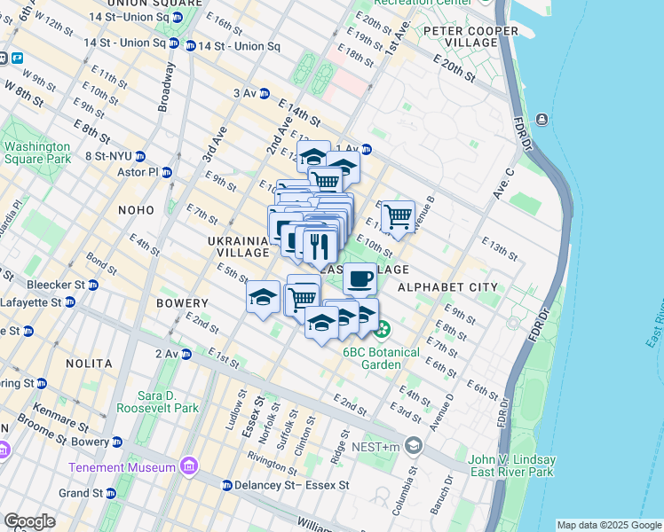 map of restaurants, bars, coffee shops, grocery stores, and more near 117 Avenue A in New York