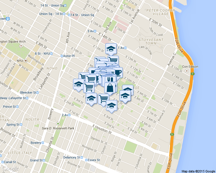 map of restaurants, bars, coffee shops, grocery stores, and more near 113 East 7th Street in New York