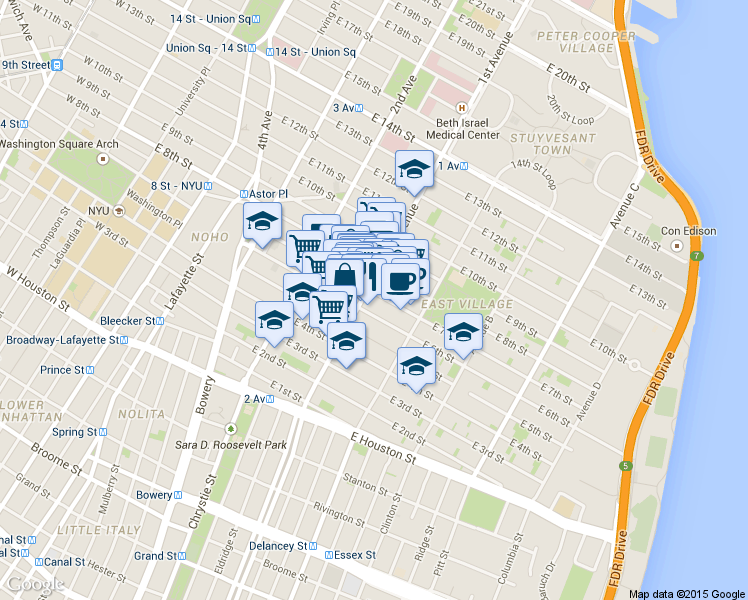 map of restaurants, bars, coffee shops, grocery stores, and more near 117 1st Avenue in New York