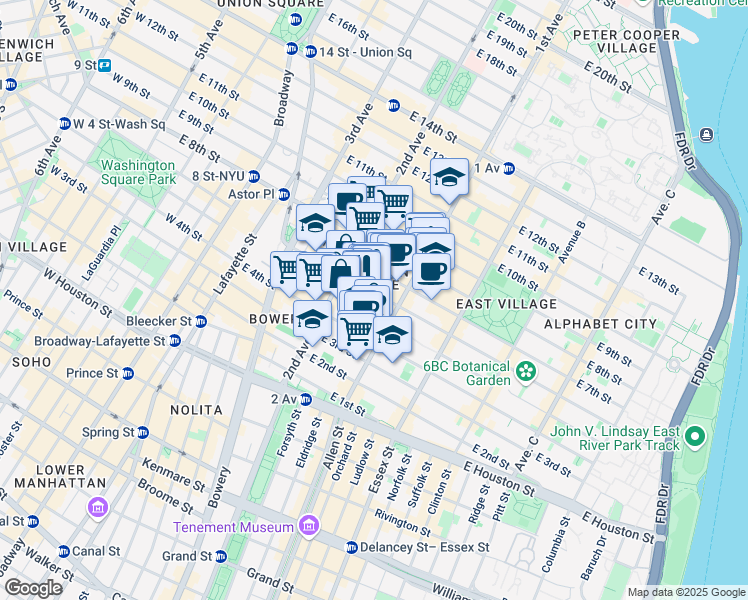 map of restaurants, bars, coffee shops, grocery stores, and more near 331 East 5th Street in New York