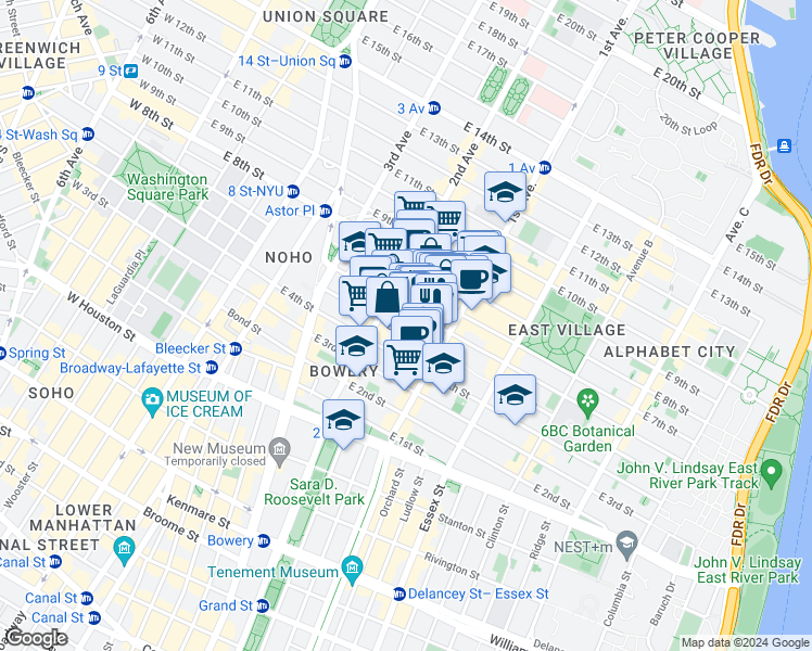 map of restaurants, bars, coffee shops, grocery stores, and more near 331 East 5th Street in New York