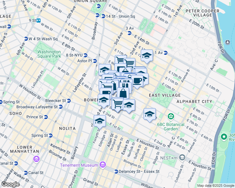 map of restaurants, bars, coffee shops, grocery stores, and more near 331 East 5th Street in New York