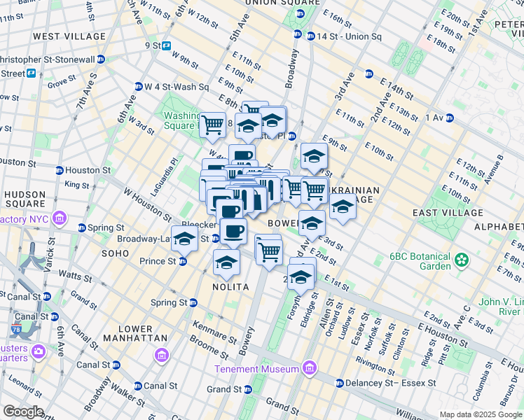 map of restaurants, bars, coffee shops, grocery stores, and more near 30 Bond Street in New York