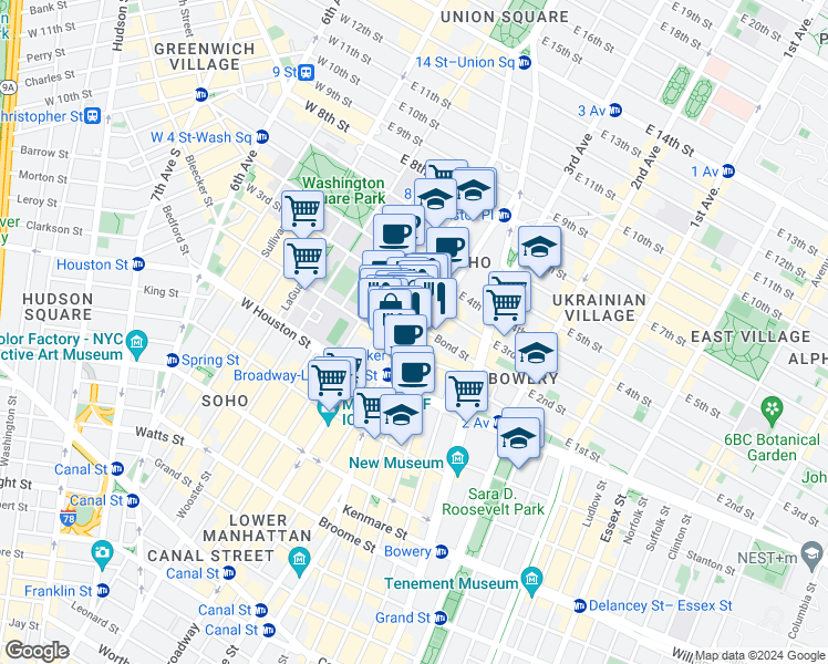 map of restaurants, bars, coffee shops, grocery stores, and more near 65 Bleecker Street in New York
