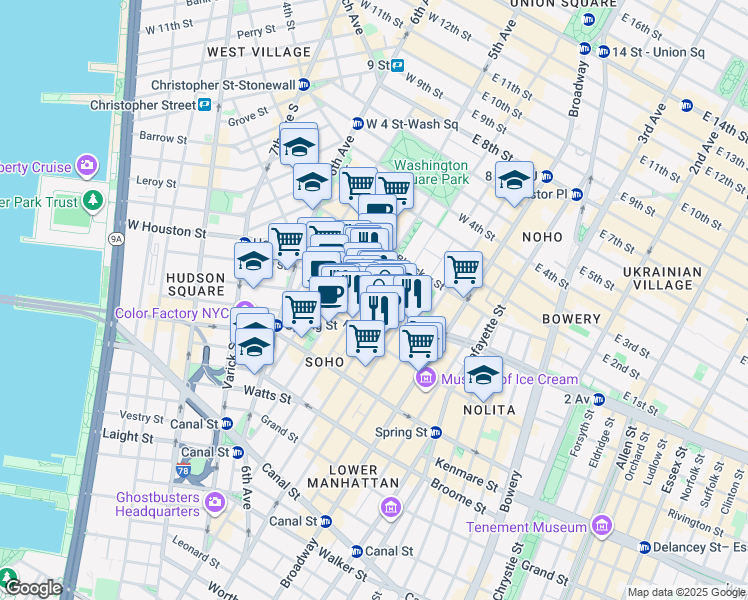 map of restaurants, bars, coffee shops, grocery stores, and more near 71 West Houston Street in New York