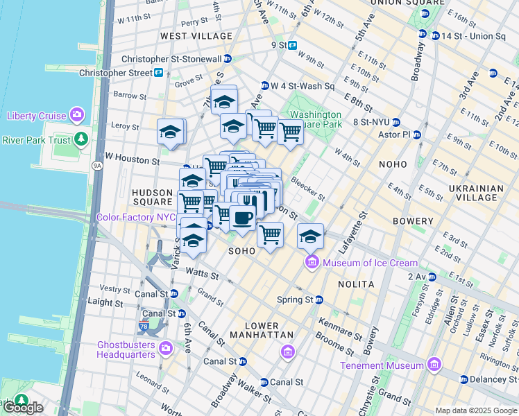 map of restaurants, bars, coffee shops, grocery stores, and more near 155-159 Sullivan Street in New York