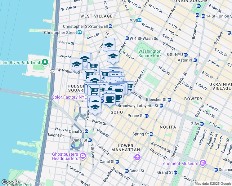 map of restaurants, bars, coffee shops, grocery stores, and more near 144 Sullivan Street in New York