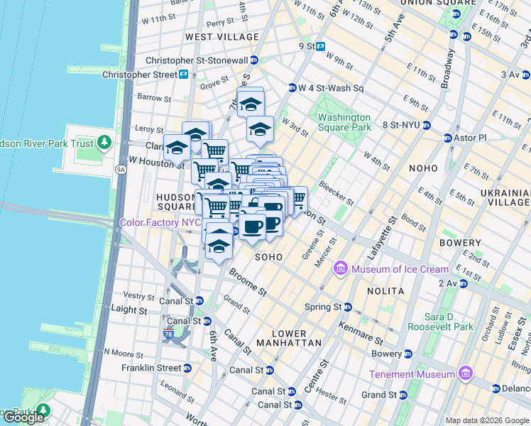 map of restaurants, bars, coffee shops, grocery stores, and more near 144 Sullivan Street in New York