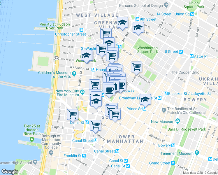 map of restaurants, bars, coffee shops, grocery stores, and more near 144 Sullivan Street in New York