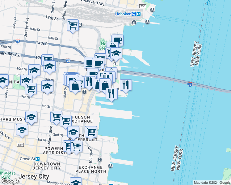 map of restaurants, bars, coffee shops, grocery stores, and more near 4 Town Square Place in Jersey City