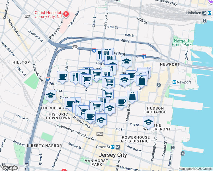 map of restaurants, bars, coffee shops, grocery stores, and more near 249 8th Street in Jersey City
