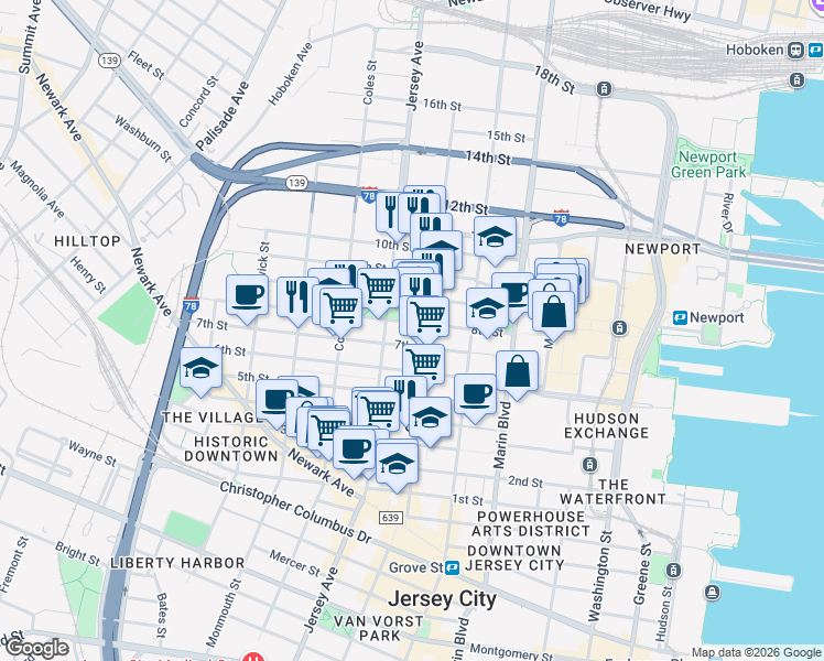 map of restaurants, bars, coffee shops, grocery stores, and more near 249 8th Street in Jersey City