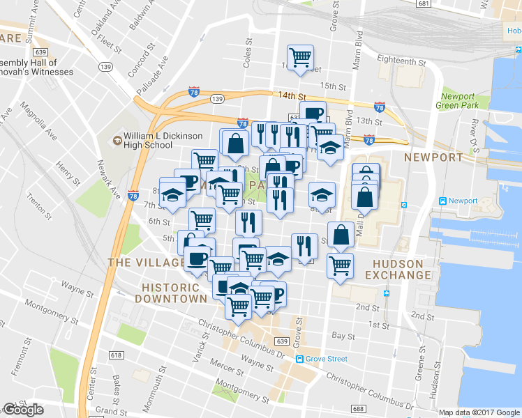 map of restaurants, bars, coffee shops, grocery stores, and more near 249 8th Street in Jersey City