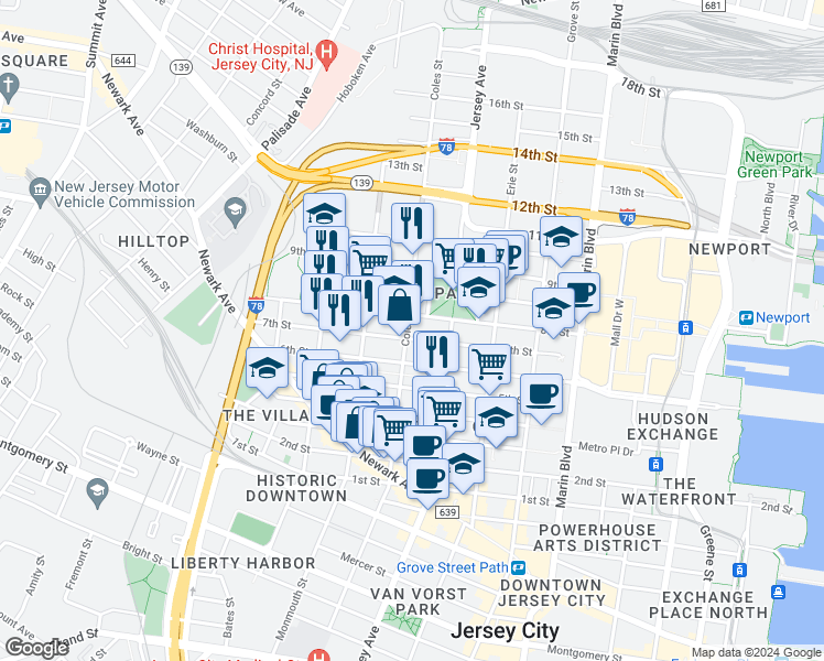 map of restaurants, bars, coffee shops, grocery stores, and more near 299 7th Street in Jersey City