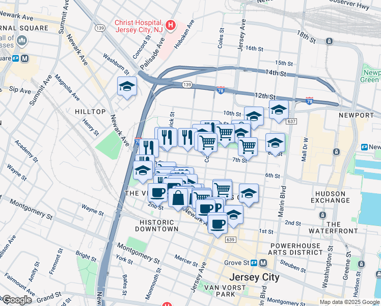 map of restaurants, bars, coffee shops, grocery stores, and more near 463 Monmouth Street in Jersey City