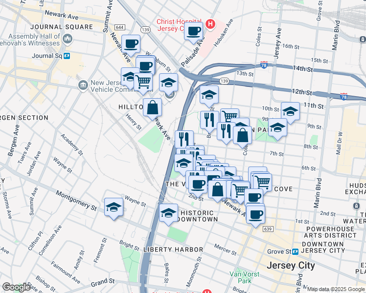 map of restaurants, bars, coffee shops, grocery stores, and more near 342 7th Street in Jersey City