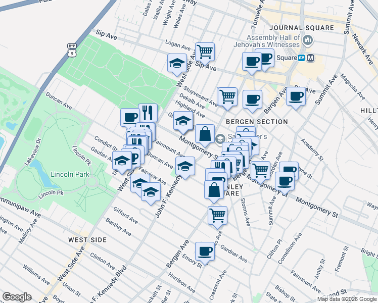 map of restaurants, bars, coffee shops, grocery stores, and more near 384 Fairmount Avenue in Jersey City