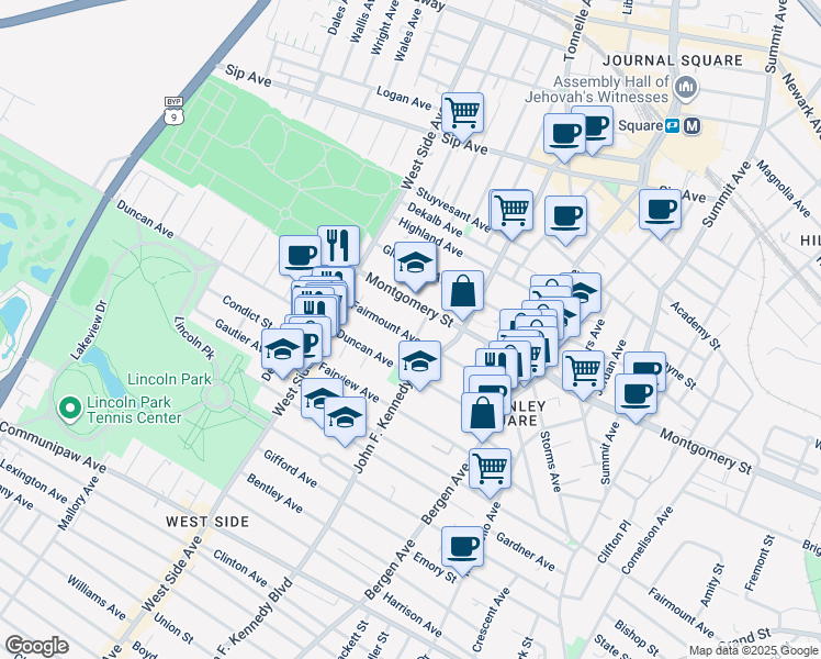 map of restaurants, bars, coffee shops, grocery stores, and more near 384 Fairmount Avenue in Jersey City