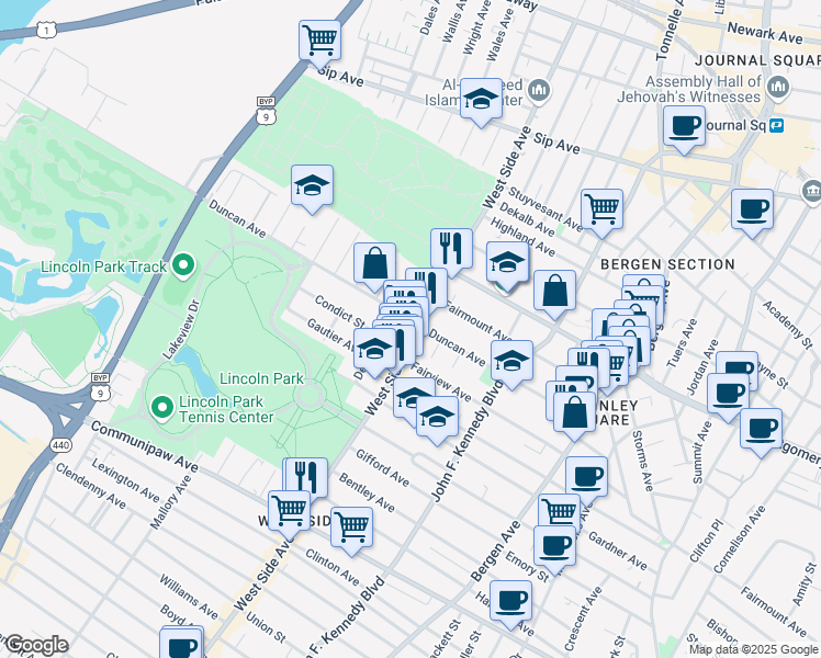 map of restaurants, bars, coffee shops, grocery stores, and more near 164 Delaware Avenue in Jersey City