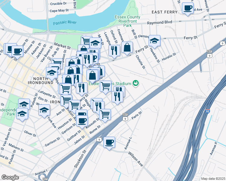 map of restaurants, bars, coffee shops, grocery stores, and more near 91 Main Street in Newark