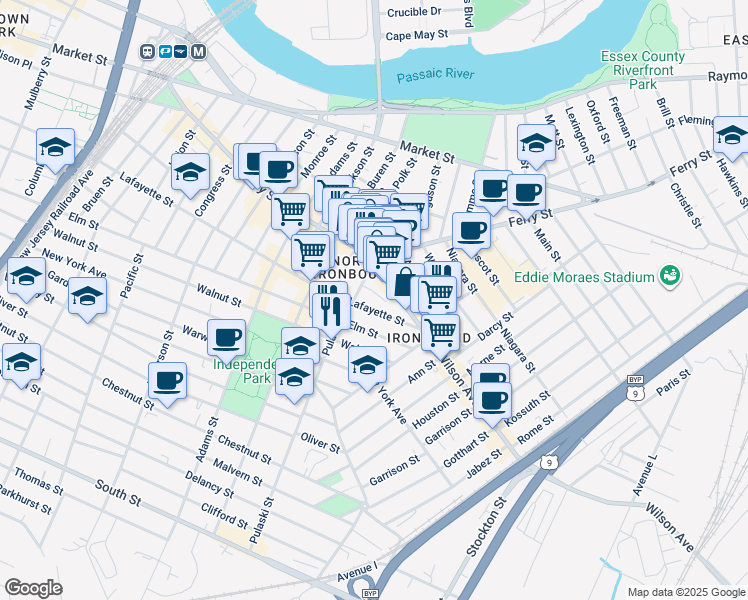 map of restaurants, bars, coffee shops, grocery stores, and more near 387 Lafayette Street in Newark