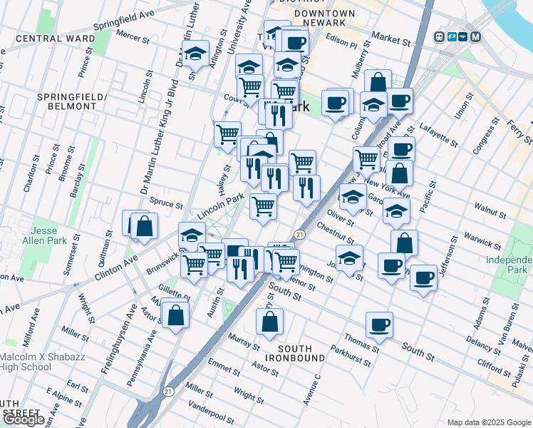 map of restaurants, bars, coffee shops, grocery stores, and more near 36 Camp Street in Newark