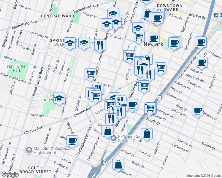 map of restaurants, bars, coffee shops, grocery stores, and more near 71 Lincoln Park in Newark