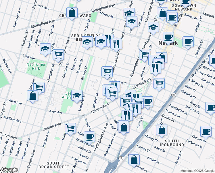map of restaurants, bars, coffee shops, grocery stores, and more near 751 Doctor Martin Luther King Junior Boulevard in Newark