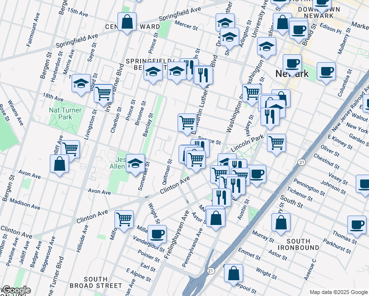 map of restaurants, bars, coffee shops, grocery stores, and more near 751 Doctor Martin Luther King Junior Boulevard in Newark