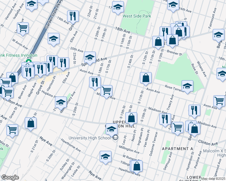 map of restaurants, bars, coffee shops, grocery stores, and more near 801 South 15th Street in Newark