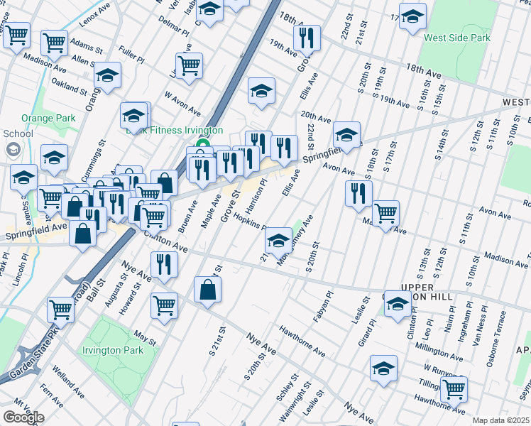 map of restaurants, bars, coffee shops, grocery stores, and more near 60 Harrison Place in Irvington