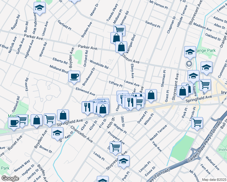 map of restaurants, bars, coffee shops, grocery stores, and more near 65 Headley Terrace in Irvington
