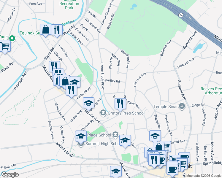 map of restaurants, bars, coffee shops, grocery stores, and more near 68 Wade Drive in Summit