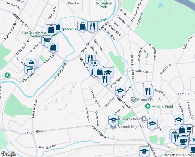 map of restaurants, bars, coffee shops, grocery stores, and more near 511 Morris Avenue in Summit
