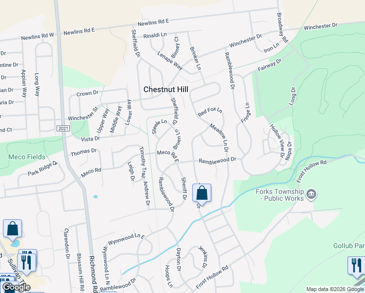 map of restaurants, bars, coffee shops, grocery stores, and more near 2408 Treeline Drive in Easton