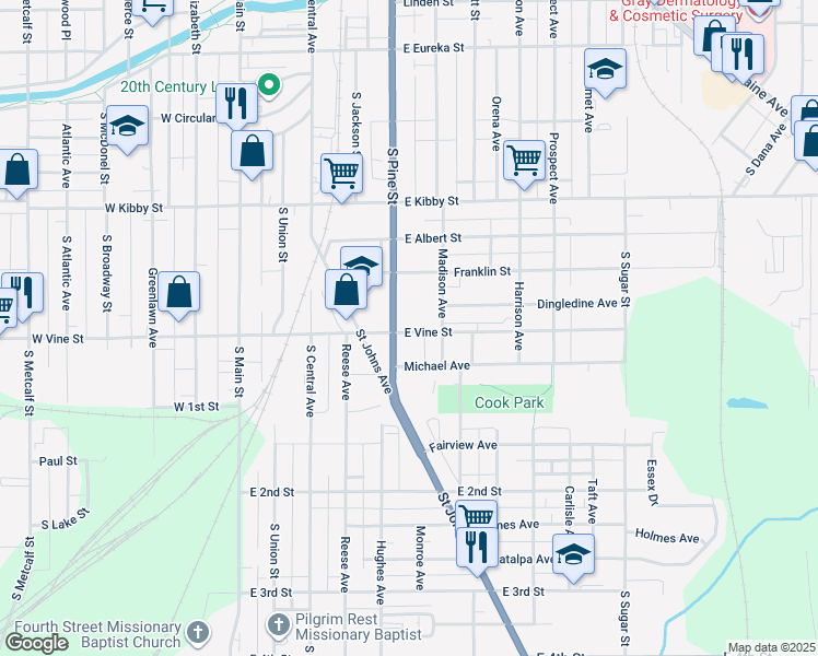 map of restaurants, bars, coffee shops, grocery stores, and more near 503 East Vine Street in Lima