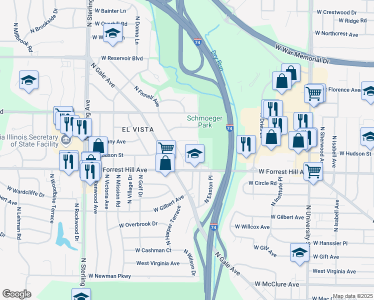 map of restaurants, bars, coffee shops, grocery stores, and more near 3126 North Finnell Avenue in Peoria