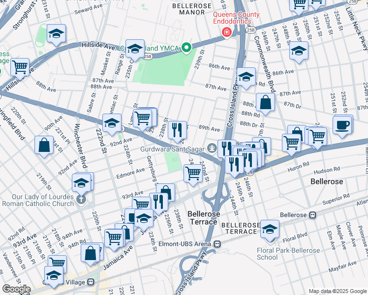 map of restaurants, bars, coffee shops, grocery stores, and more near 89-53 240th Street in Queens