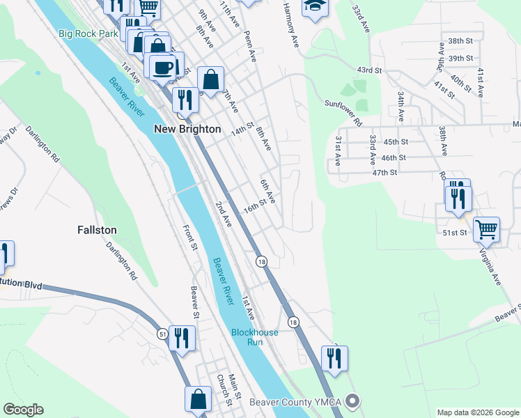 map of restaurants, bars, coffee shops, grocery stores, and more near 412 16th St in New Brighton