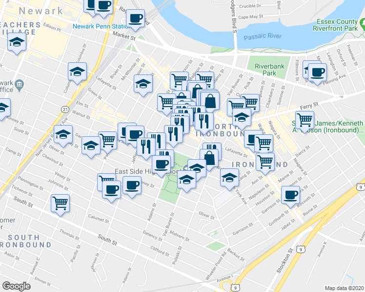 map of restaurants, bars, coffee shops, grocery stores, and more near 250-252 Elm Road in Newark