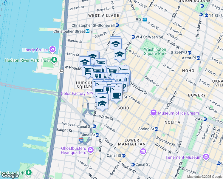 map of restaurants, bars, coffee shops, grocery stores, and more near 14 Charlton Street in New York